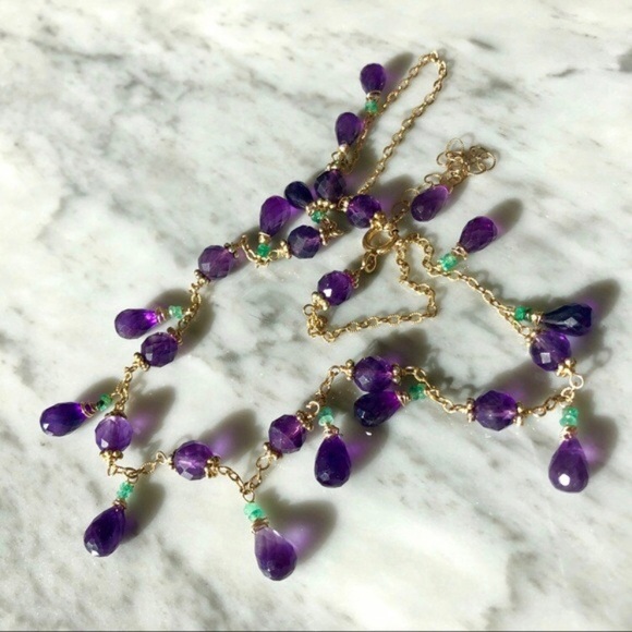 Natural African Amethyst Brazilian Emerald Gold Filled Necklace
